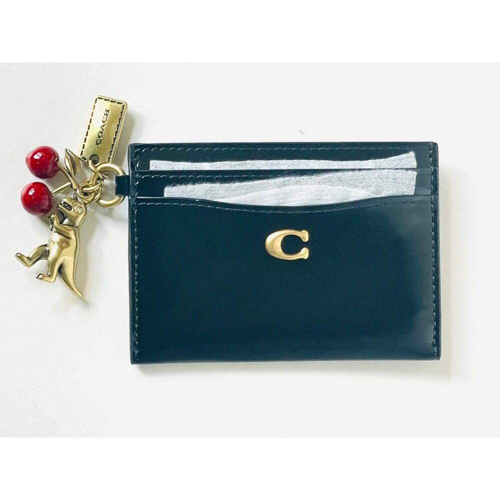 Coach Essential Card Case Black Spazzolato CCD81 Leather Rexy Cherry Charm - Picture 6 of 13